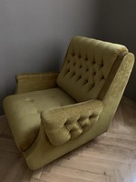 2 deep-stitched, comfortable antique gold armchairs for sale and a sofa that can be opened and converted into a bed