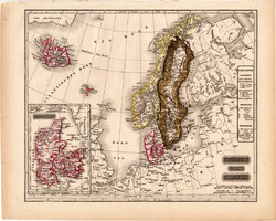 Svédország, Norvégia, Dánia térkép 1840 (2), német nyelvű, atlasz, eredeti, 23 x 29 cm, Skandinávia