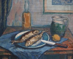 László Orosz (1928-): still life with fish - in the original context of an oil painting
