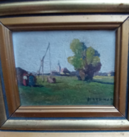 Hárencz János (1899-1969): miniatűr festménye "tanya gémeskúttal"