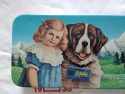 Régi Milka fém csokis doboz, kislány, kutya, bernáthegyi