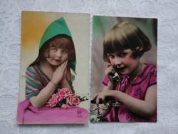 2 db antik francia, kézzel színezett fotó/képeslap, kislány, telefon, virág 1927-1930