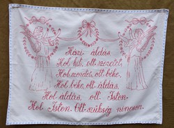 Antik néprajz hímzett kézimunka hímzés angyalos mintás szöveges magyar falvédő Házi áldás 85 x 62 cm