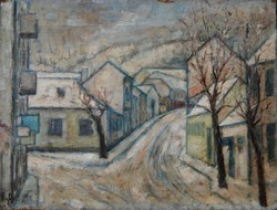Vigh László: Havas utca, Pécs - 1947-es kiállítási címkével
