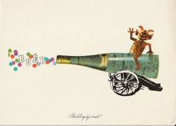 Retro képeslap, újévi üdvözlet pezsgőspalackkal