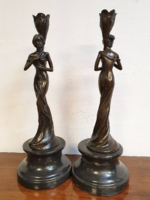 Szecessziós nőalakos bronz gyertyatartó pár, art nouveau, modern style, Jugendstil
