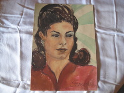 Szarka Ilona   / Szentes  / szignóval    női portré , szép akvarell  kép  , 22 x 31 cm