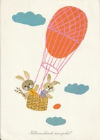 Retro képeslap, húsvéti üdvözlet léghajóban utazó nyuszikkal