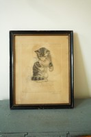 Édes antik grafika rézkarc vagy tus cica macska kép keretben az 1930-as évekből