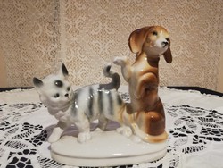 Eladó régi német porcelán cica kutya nipp!