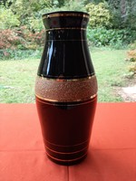 Hyalith, fekete üveg váza arany mintával, 34 cm