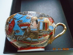 Antik Kézzel festett ,aranyozott Meidzsi Satsuma Kyoto Moriage tojáshéj teás csésze alátéttel