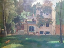 Parkrészlet teraszos házzal és kutyussal (olaj-vászon 53x66) tájkép, utcakép, természet, fák, zöld