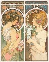 Art Nouveau mucha image: primrose and feather, female figures, specialty vintage/antique poster reprint