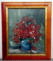 Signos, oil, floral still life on stretched canvas (24 x 30, in a new frame)