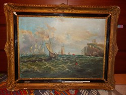 Gedeon szignós hajós festmény, 50x70+keret, olaj, vászon