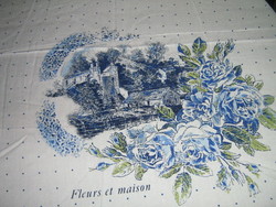 Egyedi ritka "fleurs et maison" ( virágok, és ház) francia vintage terítő