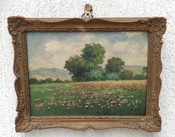Ferenc Szentgály oil painting, also poppy, flower meadow, excellent landscape!