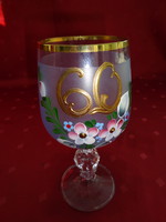 Hand-painted, stemmed, crystal glass cup for 60th birthday. With gold border and floral pattern. Bath