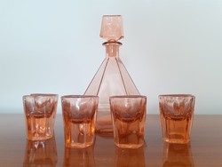 Régi art deco likőrös üveg rózsaszín üveg pohár 7 db