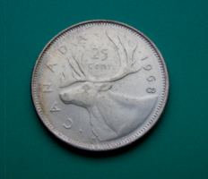  Kanada  - Ezüst 25 cent, 1968 -  Rénszarvas -  II. Erzsébet királynő   