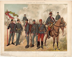 A magyar királyi honvédség, 1894, színes nyomat, eredeti, magyar, litográfia, honvéd, katona, huszár
