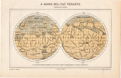 Mars térkép 1896, magyar nyelvű, litográfia, eredeti, csillagászat, bolygó, felszín, nyomat, Pallas