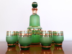 Retro cseh Bohemia zöld üveg italos készlet likőrös dugós üveg pohár 7 db