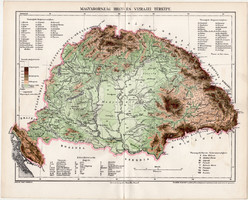 Magyarország hegy- és vízrajzi térkép 1896, eredeti, Pallas lexikon melléklet, régi, Homolka József