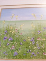 Original oil painting by Sandie Coe, framed, signed, with London exhibition label on the back
