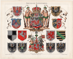 Porosz tartománycímerek, 1906, színes nyomat, német nyelvű, eredeti, címer, szász, Brandenburg