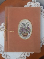 Gobelin virágkosár hímzéssel díszített rózsaszín bársony fotóalbum / emlékkönyv