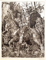 Gácsi Mihály (1926-1987): Lovag-halál-ördög, Dürer emléklére, 1971 - rézkarc, keretezve