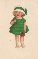 Antik képeslap, zöld ruhás, kalapos kislány