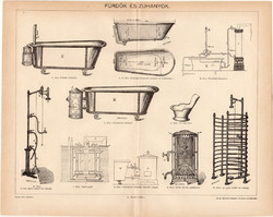 Fürdők és zuhanyok, 1894, egyszín nyomat, eredeti, magyar nyelvű, kád, zuhany, kályha, fürdés