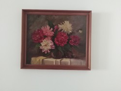 Olaj-vászon technikával készült festmény, csendélet, XX.szd második fele, ismeretlen festő munkája.