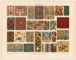 Szövés, litográfia 1898, német nyelvű, eredeti, színes nyomat, szövet, selyem, indiai, kínai, római