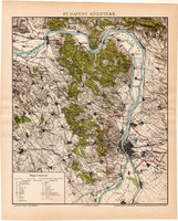 Budapest környéke térkép 1894, eredeti, Pallas, Posner Károly, Magyarország, Buda, Pest, Duna, Pilis