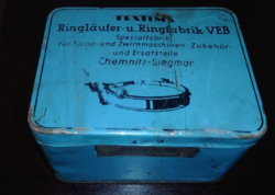 Vintage német Textima Ringlaufer u.Ringfabrik  VEB üres kék bádogdoboz,fémdoboz, fémmunka