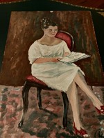 ​Könyvet olvasó nő - szignált Olaj/Farost festmény 