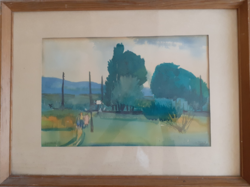 Sarkadi: Út Vonyarcvashegyre (akvarell 22,5x 35cm) tájkép hegyekkel, természet, Zala megye