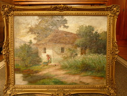 Eladó Szontágh Tibor: Leány ház mellett című olajvászon festménye 