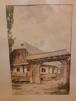 Halász Szabó Sándor: Székelykapu 1930-as évekből (akvarell 27x19,5 cm) utcakép, nevezetes, Erdély