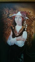 Female portrait oil on canvas painting in a beautiful frame flawless, signed 120 x 80 cm, in a renovated frame!