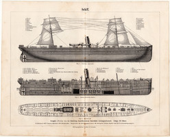 Frisia gőzhajó, egyszínű nyomat 1896, német nyelvű, eredeti, hajó, gőz, felépítés, vitorla, tat