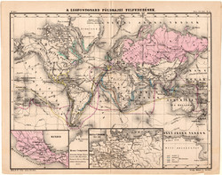 A legfontosabb földrajzi felfedezések térkép 1880, eredeti, iskolai atlasz, történelmi, világtérkép