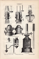 Lámpák I. és II., egyszín nyomat 1906, német nyelvű, eredeti, lámpa, világítás, égő, petróleum