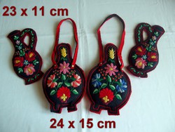 4 db Kalocsai virág mintával kézzel hímzett fali dísz: korsó és kancsó filc anyagon