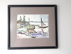 Attila Korényi, a contemporary painter, watercolor balatona karattya open beach with sailboats without a frame