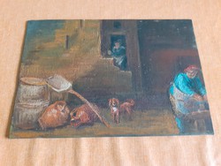 Életkép kutyával (olaj, 17x24 cm) antik, régi darab - emberek munkában